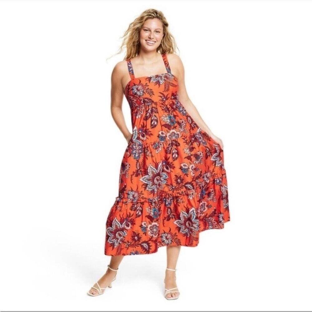 Rhode X Target Boho Floral Print Tiered Midi Dress Women Size L Beachy Multi NWT